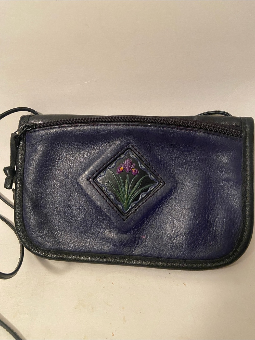 Turtle Ridge Gallery Navy Blue Leather Crossbody Mini Bag Embossed Iris Accent